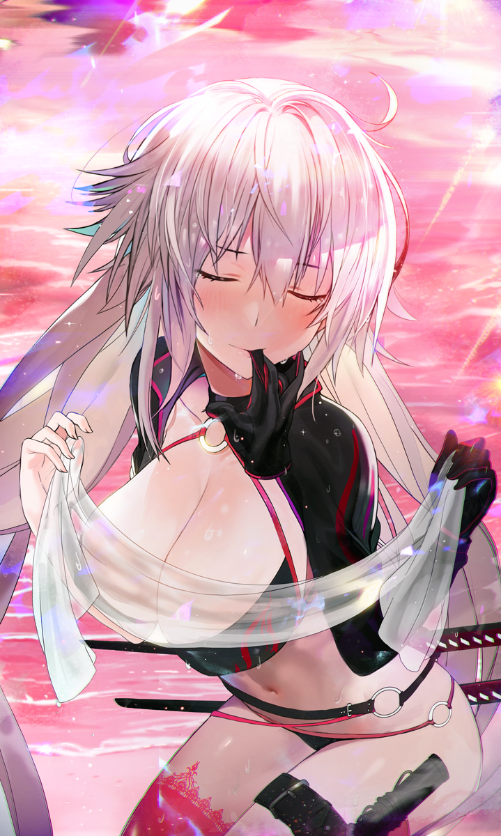 1girl belt bikini black_bikini black_choker black_gloves black_jacket blush breasts choker cleavage closed_eyes commentary_request cropped_jacket fate/grand_order fate_(series) gloves gloves_removed highres jacket jeanne_d'arc_(alter_swimsuit_berserker) jeanne_d'arc_(fate)_(all) katana large_breasts long_hair mouth_hold navel o-ring o-ring_belt o-ring_bikini o-ring_bottom o-ring_top red_legwear seicoh shrug_(clothing) silver_hair single_thighhigh solo swimsuit sword thigh-highs thigh_strap very_long_hair weapon