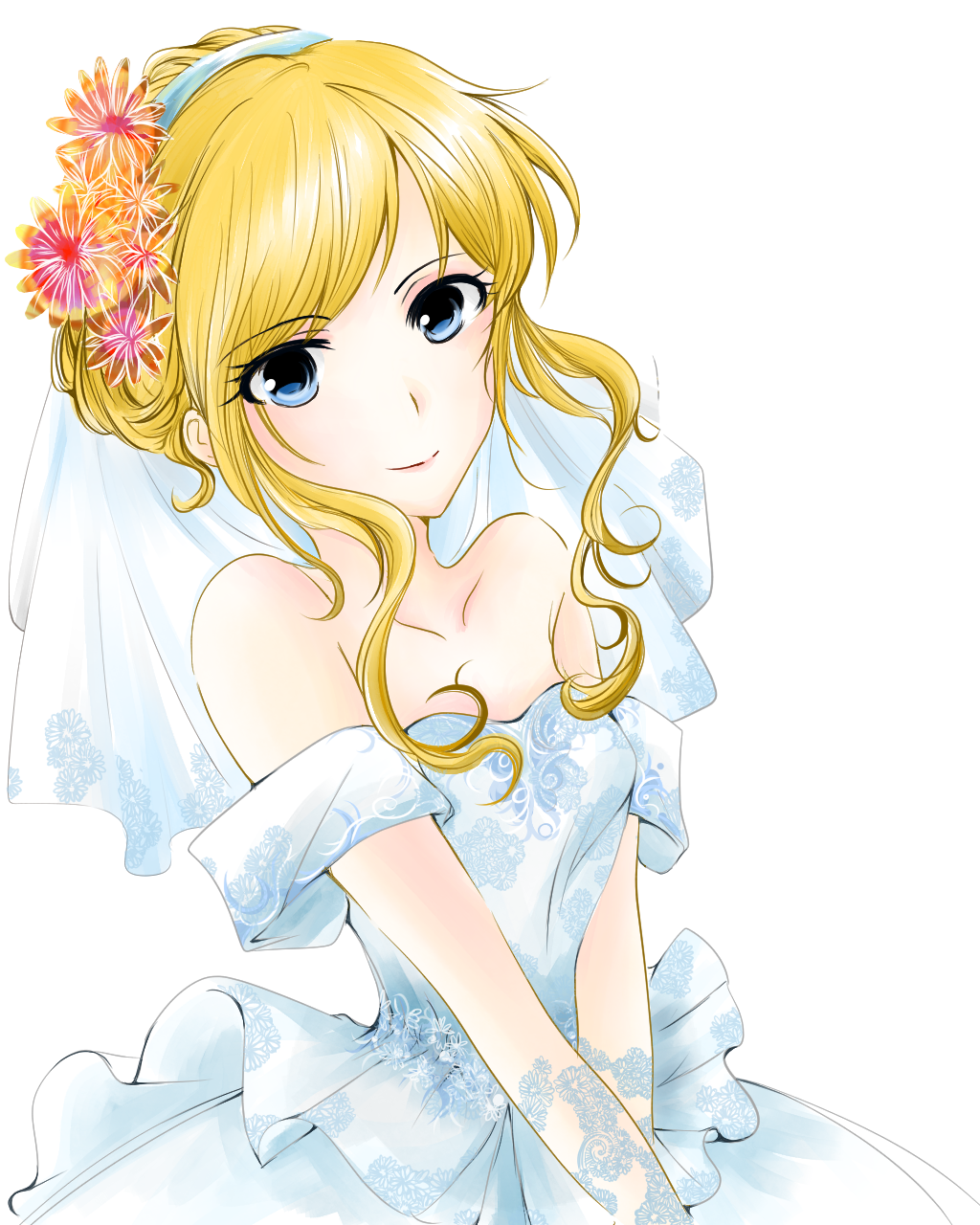 1girl bare_shoulders blonde_hair blue_dress blue_eyes blue_hairband blue_wedding_dress bridal_veil collarbone commentary_request dress flower hair_flower hair_ornament hair_up hairband highres idolmaster idolmaster_cinderella_girls koh_(h_nr) looking_at_viewer ootsuki_yui short_sleeves simple_background smile solo strapless strapless_dress veil wedding_dress white_background