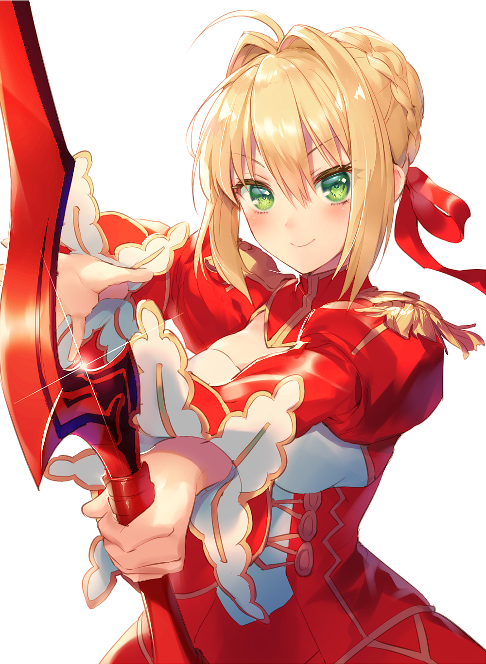 1girl aestus_estus ahoge blonde_hair blush braid commentary_request dress epaulettes fate_(series) french_braid green_eyes hair_bun hair_intakes highres holding holding_sword holding_weapon juliet_sleeves kikugetsu long_sleeves looking_at_viewer nero_claudius_(fate) nero_claudius_(fate)_(all) open_hand outstretched_arm puffy_sleeves red_dress red_ribbon ribbon smile sword weapon