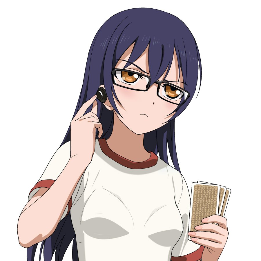 1girl a1 bespectacled blue_hair breasts card earphones earphones glasses holding holding_card long_hair love_live! love_live!_school_idol_project serious small_breasts solo sonoda_umi upper_body yellow_eyes
