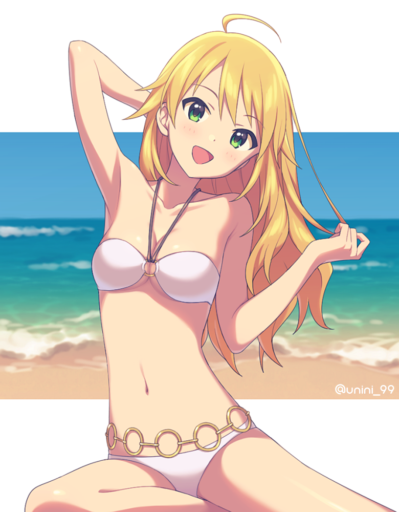 1girl :d agata_(agatha) arm_behind_head arm_up bangs bare_arms bare_shoulders beach bikini blonde_hair blue_sky breasts cleavage collarbone day eyebrows_visible_through_hair green_eyes hand_in_hair hoshii_miki idolmaster idolmaster_(classic) long_hair looking_at_viewer medium_breasts navel o-ring o-ring_bikini o-ring_top ocean open_mouth sky smile solo swimsuit under_boob water white_bikini