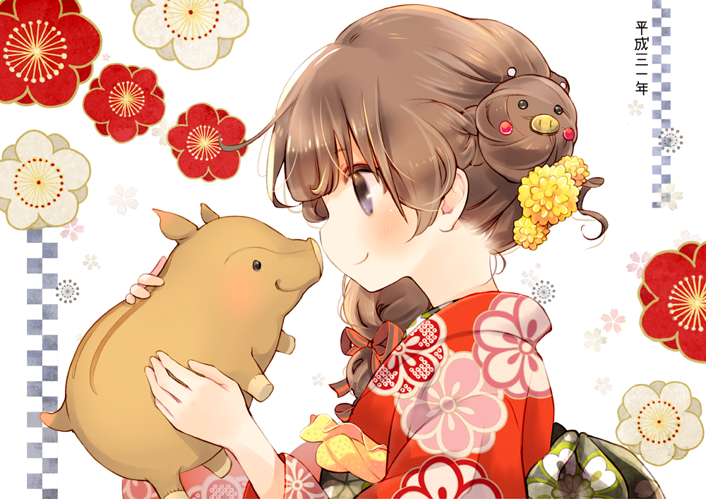 1girl animal blush brown_hair carrying chinese_zodiac closed_mouth commentary_request floral_background floral_print flower from_side hair_bun hair_flower hair_ornament hair_over_shoulder hair_ribbon hands_up japanese_clothes kimono kuga_tsukasa long_hair long_sleeves looking_at_another obi original pig print_kimono profile red_kimono red_ribbon ribbon sash sidelocks smile solo violet_eyes white_background year_of_the_pig yellow_flower