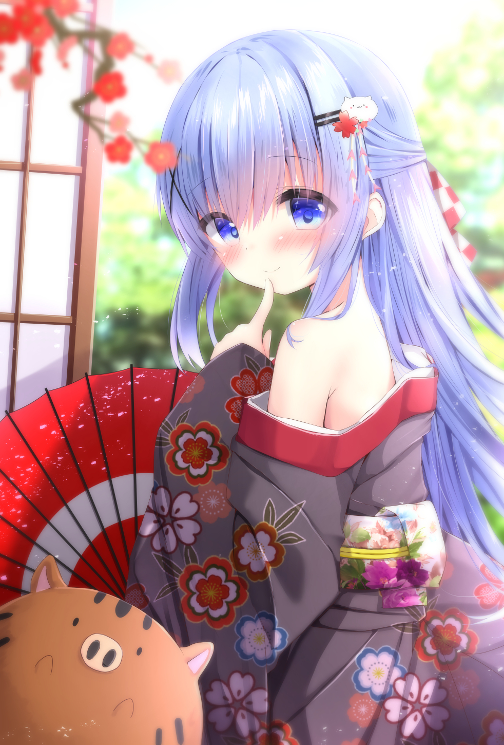 1girl animal bangs black_kimono blue_eyes blue_hair blurry blurry_background blurry_foreground blush bunny_hair_ornament chinese_zodiac closed_mouth commentary_request day depth_of_field eyebrows_visible_through_hair finger_to_mouth floral_print flower gochuumon_wa_usagi_desu_ka? hair_between_eyes hair_ornament hairclip highres index_finger_raised japanese_clothes kafuu_chino kimono kouda_suzu long_hair long_sleeves looking_at_viewer looking_to_the_side obi off_shoulder oriental_umbrella pig print_kimono red_flower red_umbrella sash sleeves_past_wrists smile solo tippy_(gochiusa) tree_branch umbrella very_long_hair x_hair_ornament year_of_the_pig