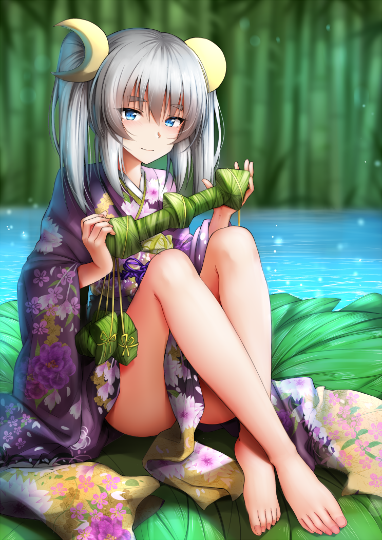1girl bamboo bangs bare_legs barefoot blue_eyes blurry blurry_background blush breasts closed_mouth crossed_ankles eyebrows_visible_through_hair floral_print full_body ginhaha hair_between_eyes hair_ornament holding japanese_clothes kimono knees_up looking_at_viewer obi original outdoors pelvic_curtain purple_kimono sash sidelocks silver_hair sitting small_breasts smile solo thick_eyebrows thighs twintails water wide_sleeves