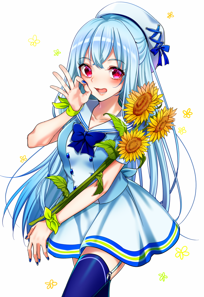 1girl blue_bow blue_hair blue_legwear blue_nails blue_neckwear blue_ribbon bow character_request collarbone eyebrows_visible_through_hair floating_hair flower garter_straps hat hat_bow hat_ribbon long_hair miniskirt nail_polish open_mouth red_eyes ribbon sailor_collar shiny shiny_hair short_sleeves skirt solo standing sunflower thigh-highs very_long_hair white_background white_hat white_sailor_collar white_skirt yellow_flower yodare_(3yami8) zettai_ryouiki
