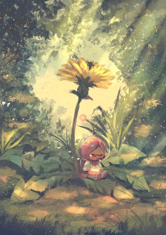 brittany_(pikmin) closed_eyes commentary_request dandelion flower glasses grass jacket light_particles light_rays long_sleeves manino_(mofuritaionaka) miniskirt nintendo parted_lips pikmin pikmin_(series) red-framed_eyewear scenery signature sitting skirt white_flower white_jacket