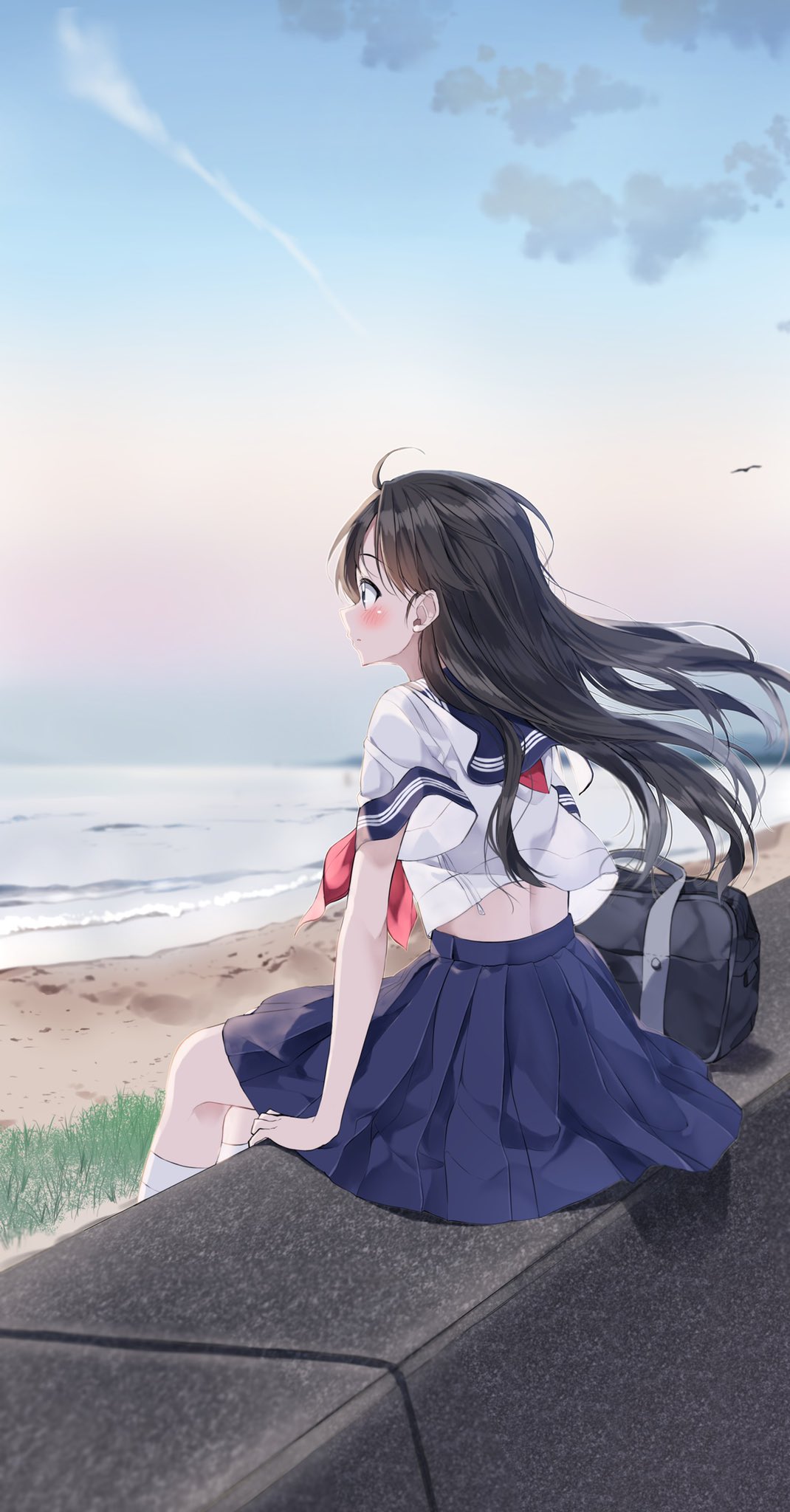 1girl bag beach bird black_hair blue_eyes blue_sailor_collar blue_skirt blue_sky blush closed_mouth clouds highres long_hair midriff neckerchief ocean original outdoors pentagon_(railgun_ky1206) pleated_skirt red_neckwear sailor_collar school_bag school_uniform serafuku shirt short_sleeves sitting skirt sky socks solo sunrise wall water white_legwear white_shirt wind wind_lift