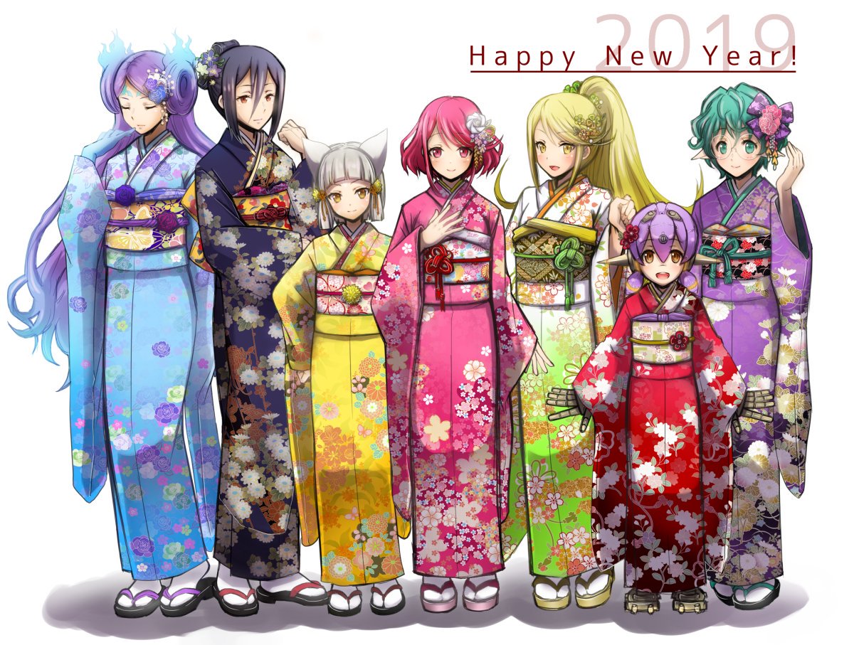 2019 6+girls black_hair blonde_hair blue_eyes closed_eyes collarbone curly_hair earrings fingerless_gloves fire flower full_body glasses gloves green_hair hair_flower hair_ornament hana_(xenoblade) hat headpiece japanese_clothes jewelry kagutsuchi_(xenoblade) kimono long_hair looking_at_viewer meleph_(xenoblade) multiple_girls mythra_(xenoblade) new_year nintendo open_mouth pointy_ears purple_hair pyra_(xenoblade) red_eyes reverse_trap saika_(xenoblade) sandals short_hair simple_background smile takano_(yotakanoyume) tiara xenoblade_(series) xenoblade_2