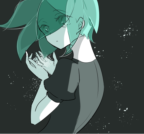 1other androgynous crystal_hair dark_background eyebrows_visible_through_hair eyes_visible_through_hair gem_uniform_(houseki_no_kuni) green_eyes green_hair houseki_no_kuni looking_at_viewer looking_back lowres phosphophyllite short_hair shumiko_(kamenokoueki) solo upper_body white_skin