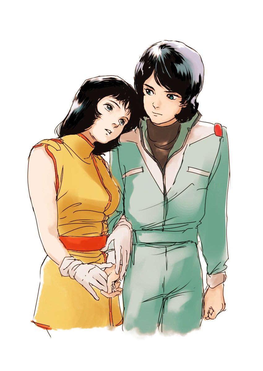 1boy 1girl black_hair fa_yuiry gundam hand_holding highres kamille_bidan short_hair teikoku_jokyoku uniform white_background zeta_gundam