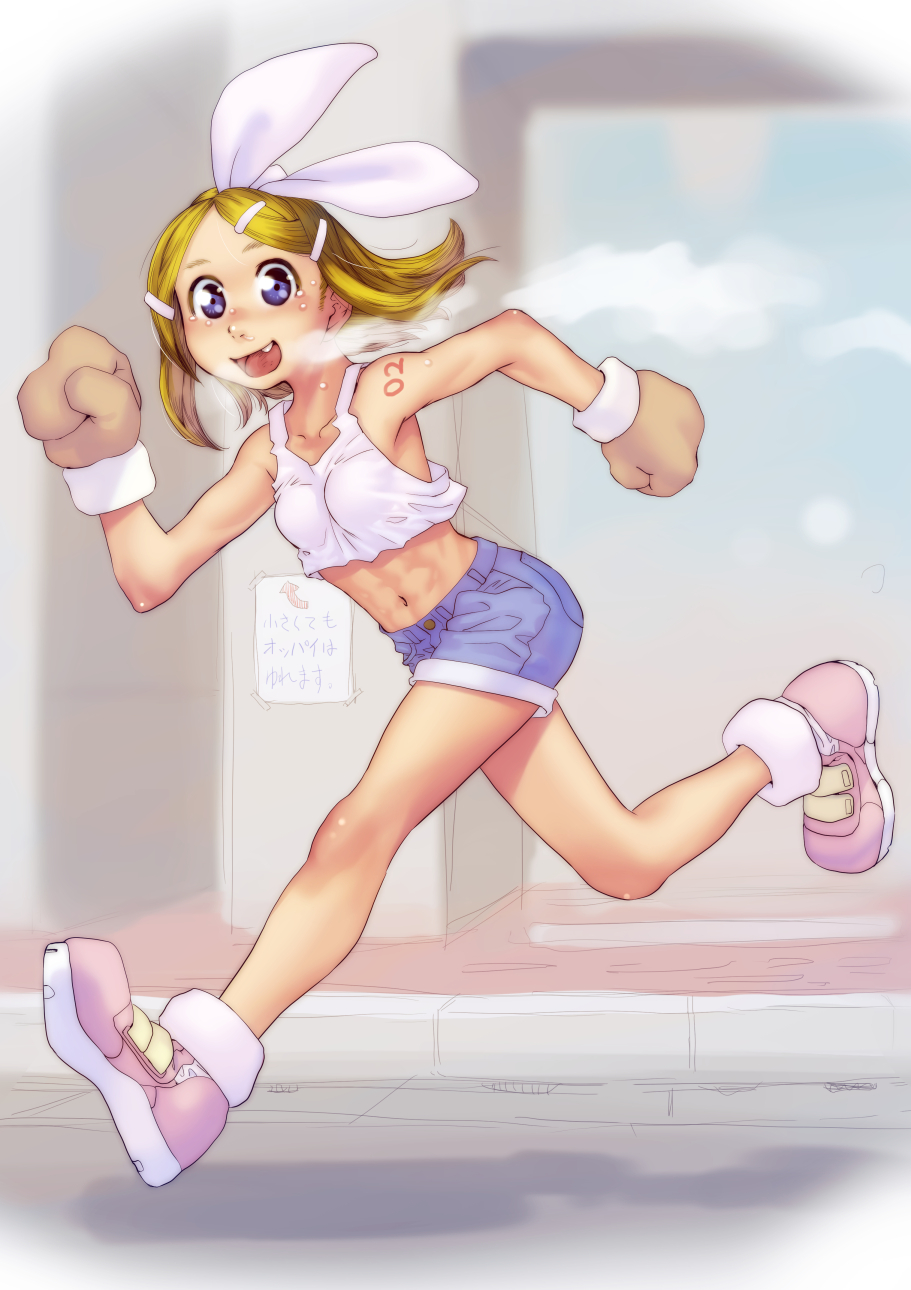 1girl :d arms_up bangs blonde_hair blue_eyes blue_shorts body_writing bow breasts breath brown_gloves commentary_request crop_top day denim denim_shorts directional_arrow fang full_body gloves hair_bow hair_ornament hairclip highres kagamine_rin leaning_forward looking_at_viewer navel open_mouth outdoors paper parted_bangs pink_footwear road running shirt shoes short_hair shorts sidewalk small_breasts smile solo soon stomach sunlight sweatdrop tape toned translated vocaloid white_bow white_shirt