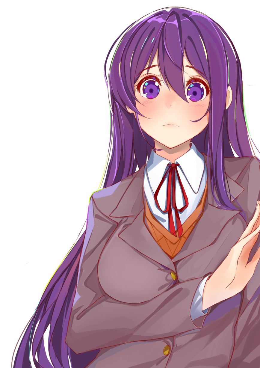 1girl blush breasts collared_shirt commentary doki_doki_literature_club english_commentary eyebrows_visible_through_hair grey_jacket hair_between_eyes highres jacket large_breasts long_hair looking_at_viewer purple_hair school_uniform shirt simple_background solo upper_body violet_eyes white_background white_shirt xhunzei yuri_(doki_doki_literature_club)