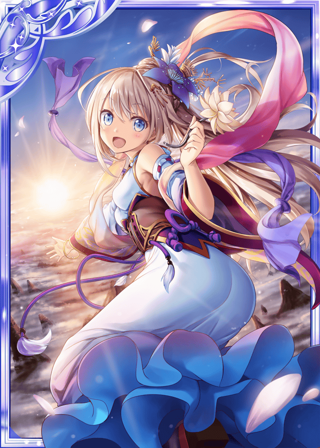 1girl :d akkijin armpits back bare_shoulders blonde_hair blue_dress blue_eyes breasts card_(medium) clouds dress flower flying hair_flower hair_ornament holding holding_flower japanese_clothes long_hair looking_at_viewer lotus medium_breasts mountain official_art open_mouth shinkai_no_valkyrie sky smile sun sunrise