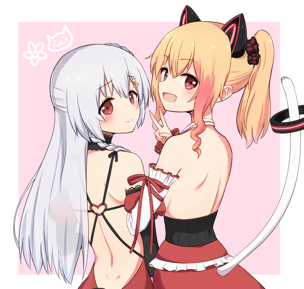 .live 2girls :d anchor_hair_ornament animal_ears arm_hug bangs bare_back bare_shoulders blonde_hair blush braid cat_ear_headphones cat_ears cat_tail closed_mouth detached_sleeves dimples_of_venus dress eyebrows_visible_through_hair fake_animal_ears frills from_behind hair_ornament headphones long_hair long_sleeves looking_at_viewer looking_back multicolored_hair multiple_girls nekonoki_mochi open_mouth red_dress red_eyes redhead side_braid side_ponytail silver_hair smile streaked_hair tail tail_ring transparent v wavy_hair yozakura_tama yuukagen_(poipoipopoino)