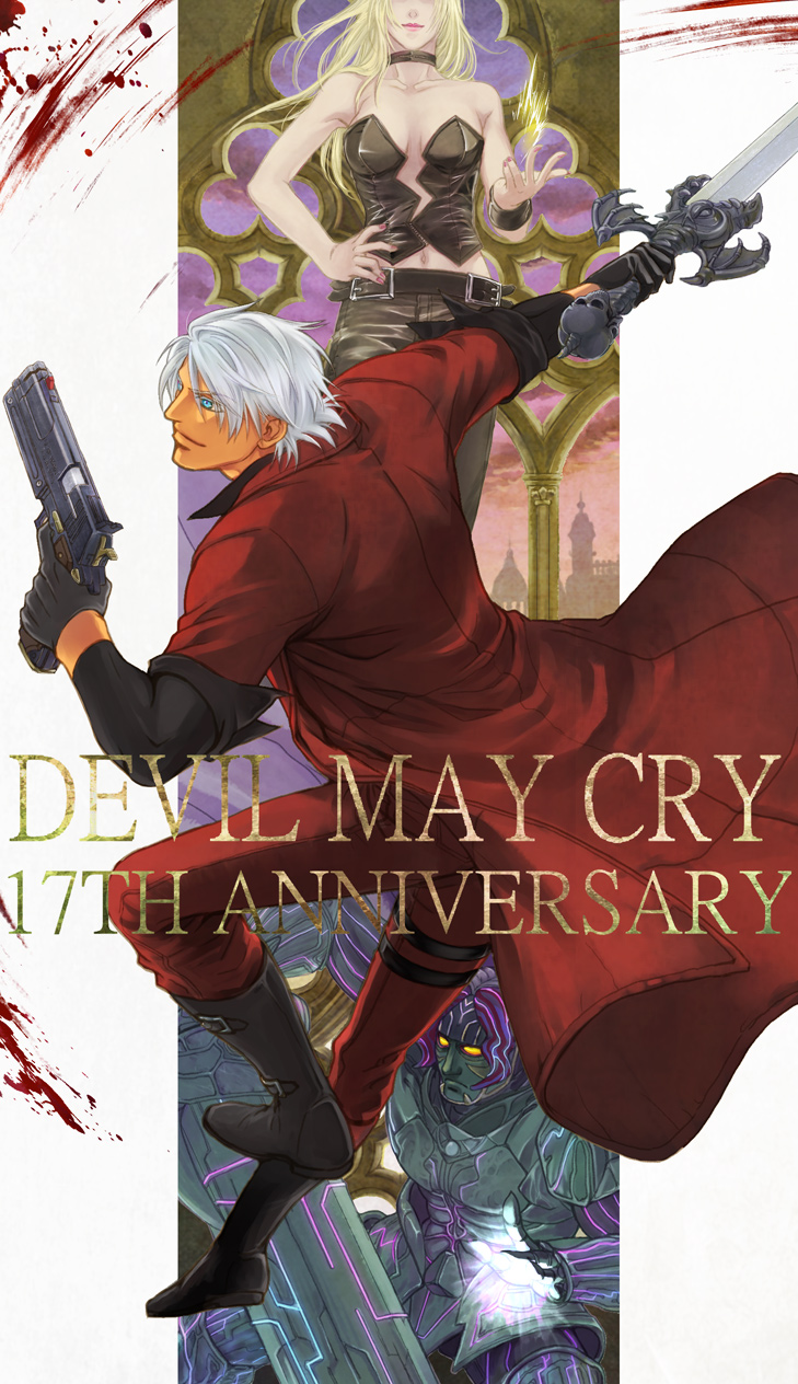 1girl 2boys blonde_hair blue_eyes breasts commentary_request dante_(devil_may_cry) devil_may_cry devil_may_cry_1 gloves gun highres long_hair multiple_boys nelo_angelo sword trish_(devil_may_cry) weapon white_hair