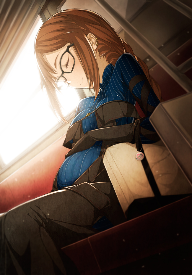 1girl backlighting bag big_belly black-framed_eyewear black_gloves blue_bodysuit blush bodysuit braid breasts closed_eyes closed_mouth commentary_request consort_yu_(fate) day ear_piercing elbow_gloves fate/grand_order fate_(series) feet_out_of_frame from_below glasses gloves hand_on_own_stomach handbag long_hair medium_breasts piercing pregnant sakasa_(guranyto) seat sidelocks single_braid sitting smile solo striped train_interior vertical_stripes window