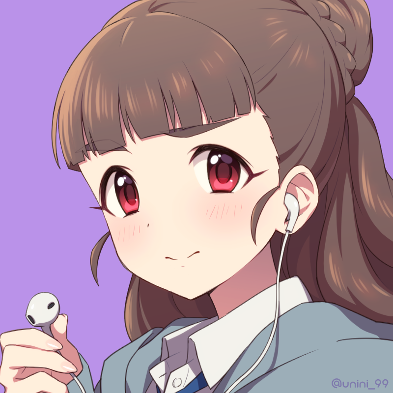 1girl agata_(agatha) bangs blunt_bangs brown_hair cardigan closed_mouth collared_shirt earphones earphones eyebrows_visible_through_hair face hair_bun idolmaster idolmaster_cinderella_girls kamiya_nao long_hair looking_at_viewer necktie purple_background red_eyes shirt single_earphone_removed solo