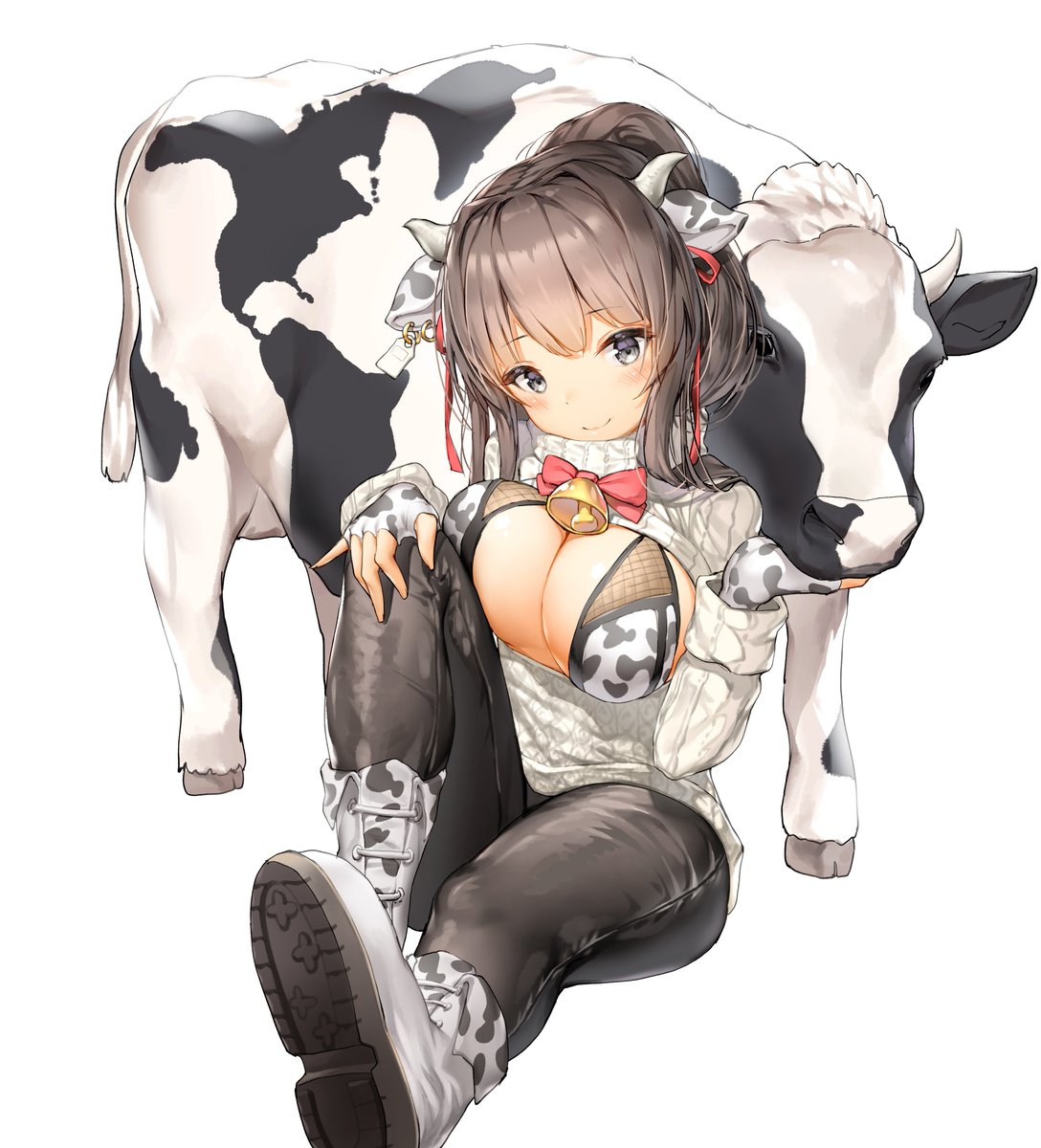 1girl animal_ears animal_print bangs bell bell_collar black_eyes black_pants boots bra breasts brown_hair cleavage collar cow cow_bell cow_ears cow_girl cow_horns cow_print fingerless_gloves framed_breasts gloves hair_between_eyes hair_ribbon head_tilt highres horns knee_up large_breasts lee_seok_ho original pants red_ribbon ribbon sidelocks simple_background sitting sweater turtleneck turtleneck_sweater underwear white_background