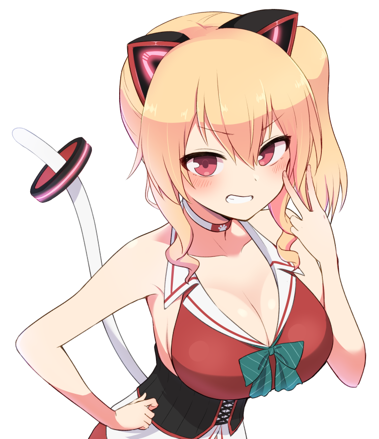 .live 1girl animal_ears bangs bare_shoulders blonde_hair bow breasts cat_ears cat_tail choker cleavage collared_dress corset dress drill_hair eyebrows_visible_through_hair fake_animal_ears from_above green_bow hair_between_eyes hand_on_hip large_breasts long_hair looking_at_viewer nekonoki_mochi red_dress red_eyes simple_background smile solo striped striped_bow tail tail_ring twin_drills virtual_youtuber white_background yuukagen_(poipoipopoino)