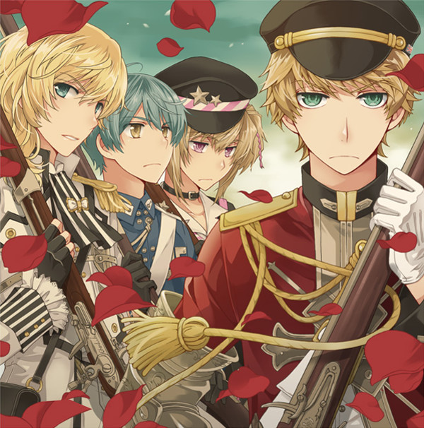 4boys antique_firearm aqua_eyes aqua_hair armor ascot black_gloves blonde_hair blue_eyes brown_bess_(senjuushi) charleville_(senjuushi) choker epaulettes eyebrows_visible_through_hair fingerless_gloves firearm firelock flintlock frown gauntlets gloves gun hat holding holding_gun holding_weapon kentucky_(senjuushi) kinoshita_sakura looking_at_viewer male_focus military military_hat military_uniform multiple_boys musket official_art peaked_cap petals pink_eyes rifle senjuushi:_the_thousand_noble_musketeers short_hair short_twintails single_gauntlet springfield_(senjuushi) twintails uniform weapon white_gloves yellow_eyes