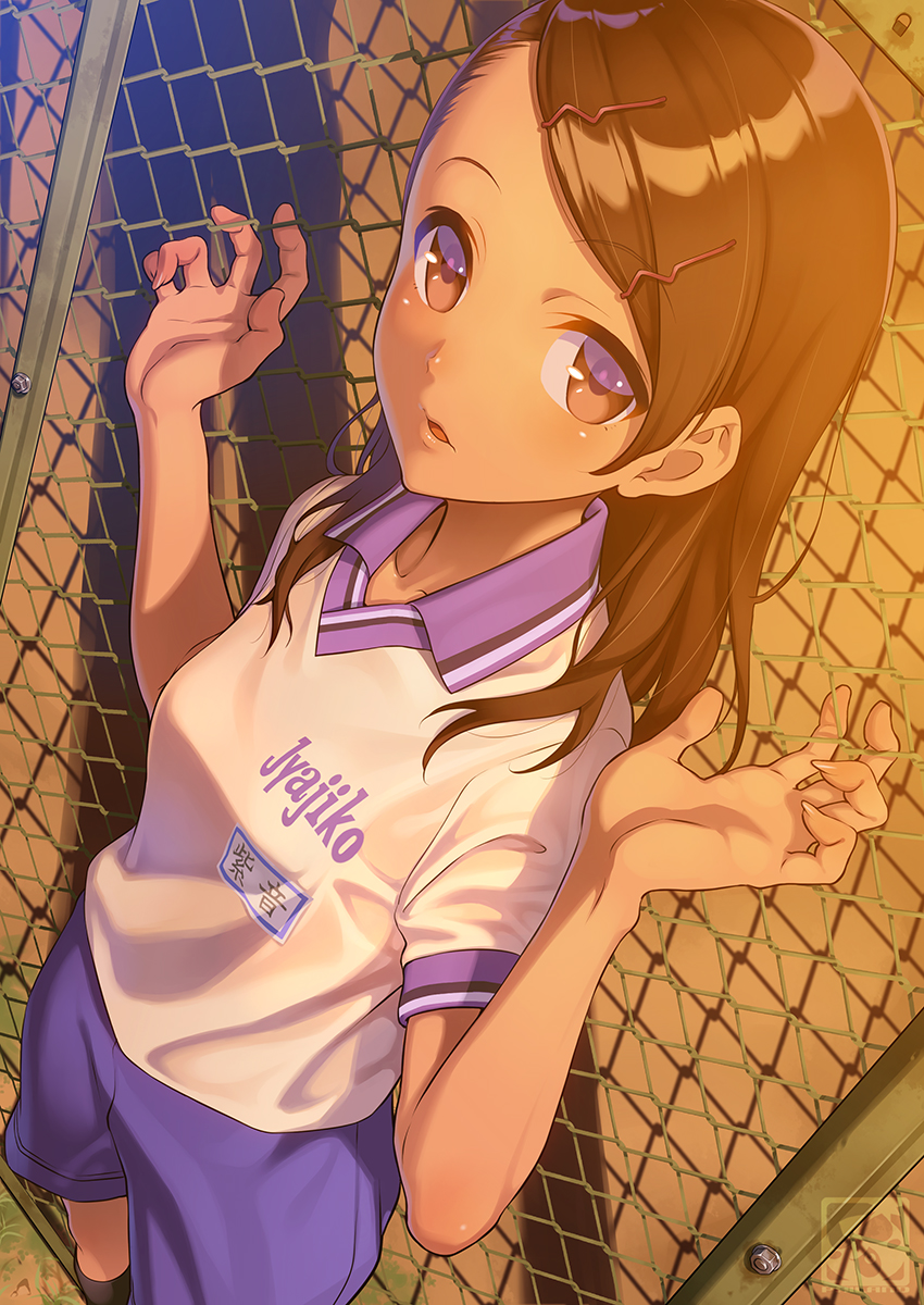 1girl against_fence artist_logo bangs blue_shorts brown_eyes brown_hair chain-link_fence clothes_writing collared_shirt commentary_request evening eyebrows_visible_through_hair feet_out_of_frame fence fingernails from_above gym_shorts gym_uniform hair_ornament hairclip hands_up highres long_hair looking_at_viewer looking_up name_tag original pairan parted_lips shadow shirt short_sleeves shorts signature solo standing sunlight swept_bangs tareme wing_collar