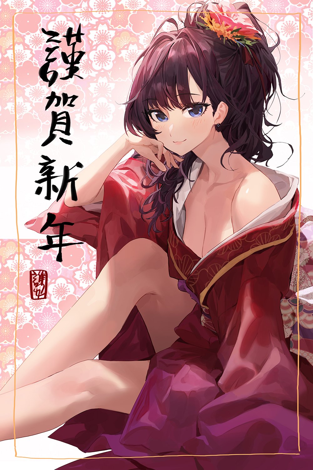 1girl :3 ahoge alternate_hairstyle arm_support bare_legs blue_eyes blush breasts brown_hair cleavage collarbone commentary eyebrows_visible_through_hair feet_out_of_frame floral_background floral_print flower hair_flower hair_ornament happy_new_year high_ponytail highres ichinose_shiki idolmaster idolmaster_cinderella_girls japanese_clothes kimono long_hair looking_at_viewer medium_breasts mossi nengajou new_year off_shoulder ponytail red_kimono single_bare_shoulder sitting smile solo translated wavy_hair