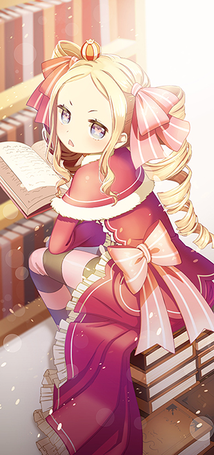 1girl 4b beatrice_(re:zero) blonde_hair book bow capelet drill_hair from_above from_behind fur-trimmed_capelet fur_trim hair_bow holding lens_flare long_hair looking_at_viewer open_book open_mouth pantyhose pink_bow re:zero_kara_hajimeru_isekai_seikatsu red_capelet sitting solo striped striped_bow striped_legwear symbol-shaped_pupils twin_drills