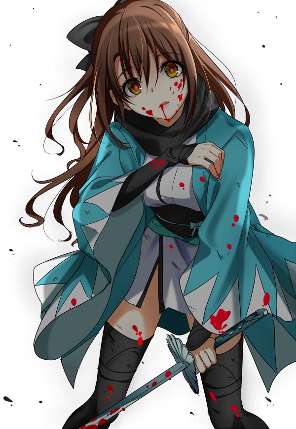 1girl black_bow black_legwear black_scarf blood blood_on_face bloody_clothes bloody_weapon bow brown_eyes brown_hair eyebrows_visible_through_hair floating_hair hair_between_eyes hair_bow haori holding holding_sword holding_weapon idolmaster idolmaster_cinderella_girls japanese_clothes kimono long_hair looking_at_viewer obi open_mouth sash scarf shimamura_uzuki shinsengumi short_kimono simple_background solo standing sword thigh-highs very_long_hair weapon white_background white_kimono yodare_(3yami8)