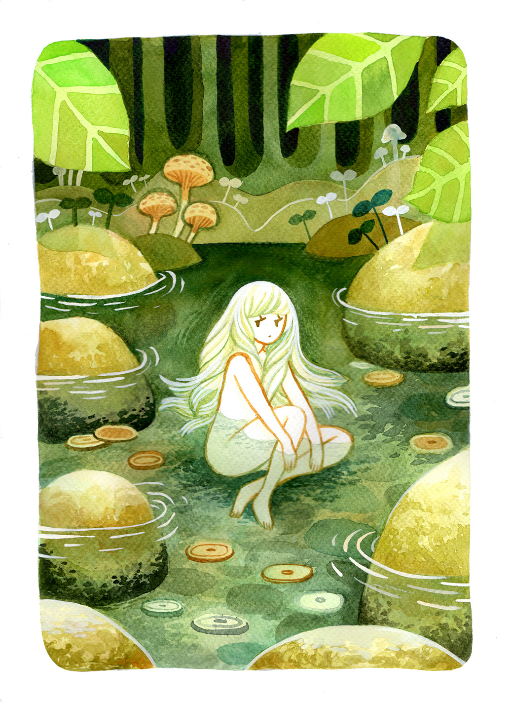 1girl border clover forest green_hair heikala highres leaf long_hair mushroom nature nude original outdoors partially_submerged pond ripples rock sitting solo two-tone_skin very_long_hair water white_border