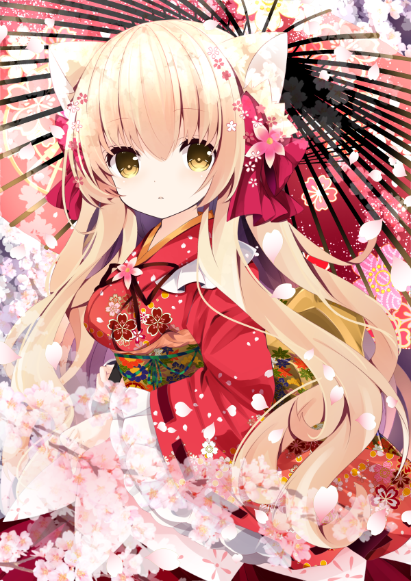 1girl animal_ear_fluff animal_ears bangs blonde_hair blurry blurry_foreground brown_eyes cat_ears commentary_request depth_of_field eyebrows_visible_through_hair floral_print flower hair_between_eyes japanese_clothes kimono long_hair long_sleeves looking_at_viewer looking_to_the_side nanase_kureha nanase_nao original pink_flower print_kimono red_kimono red_umbrella ribbon-trimmed_sleeves ribbon_trim solo very_long_hair wide_sleeves