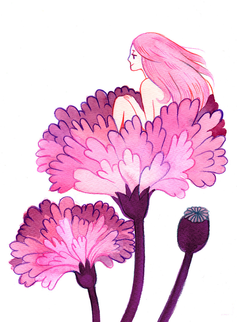 1girl closed_mouth commentary english_commentary flower from_side hand_on_own_knee heikala knees_up long_hair looking_to_the_side minigirl original peony_(flower) pink_flower pink_hair poppy_(flower) profile simple_background sitting solo traditional_media watercolor_(medium) white_background