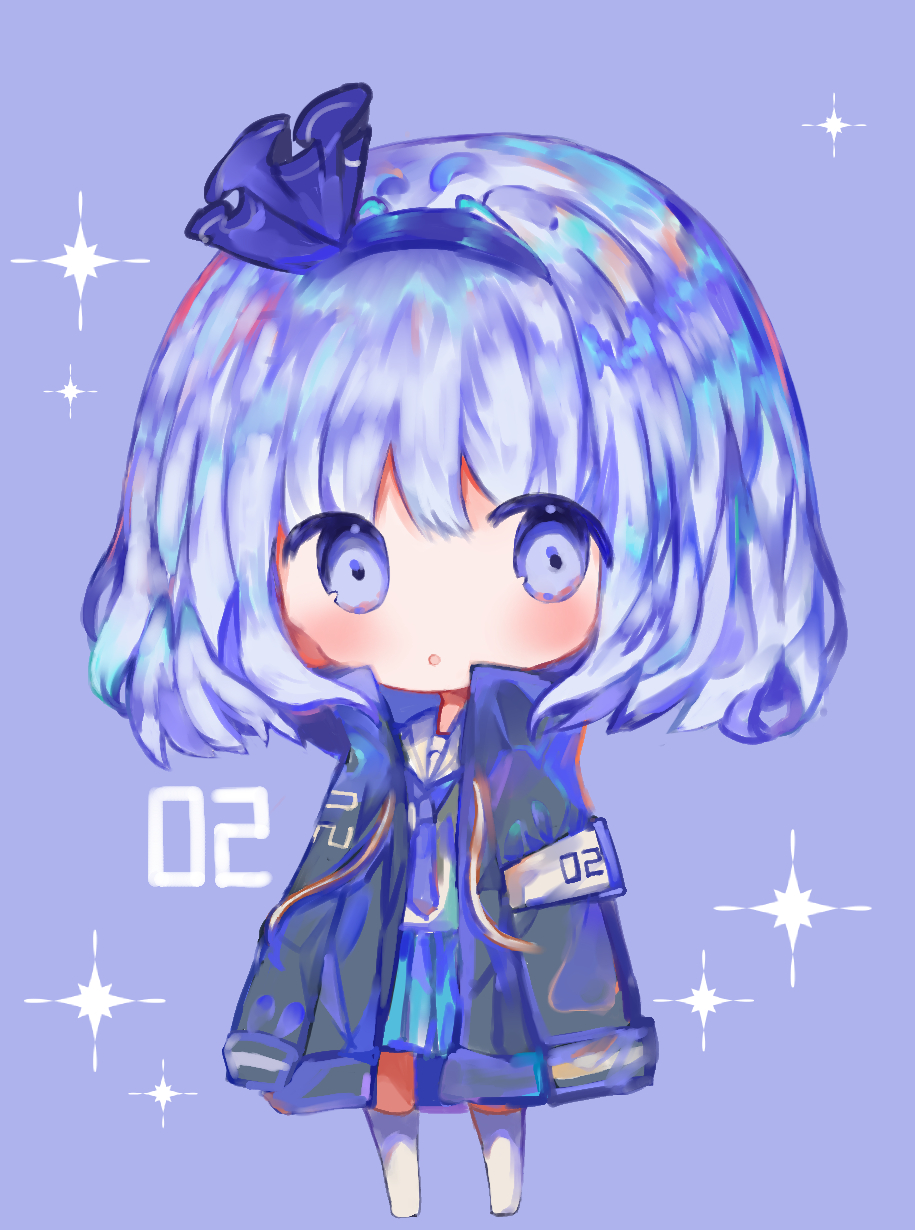 1girl :o alternate_costume bangs black_hairband black_jacket blue_background blue_hair blue_neckwear blue_ribbon blue_skirt chibi cottontailtokki eyebrows_visible_through_hair full_body hair_between_eyes hair_ribbon hairband highres jacket konpaku_youmu necktie no_shoes open_clothes open_jacket parted_lips pleated_skirt ribbon sailor_collar school_uniform serafuku shirt silver_hair simple_background skirt solo sparkle standing thigh-highs touhou white_legwear white_sailor_collar white_shirt