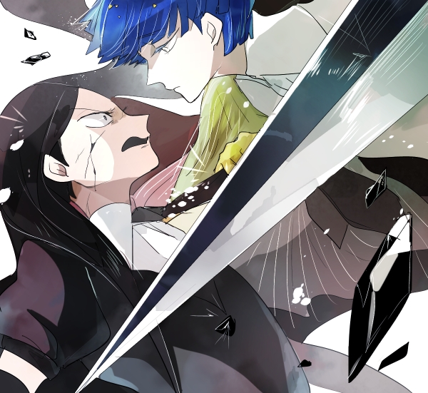 2others androgynous angry bangs black_eyes black_hair blue_hair blunt_bangs bort crack cracked expressionless face-to-face gem gem_uniform_(houseki_no_kuni) golden_arms houseki_no_kuni long_hair looking_at_another multiple_others necktie phosphophyllite phosphophyllite_(ll) see-through_sleeves shards short_hair shumiko_(kamenokoueki) spoilers sword weapon white_eyes