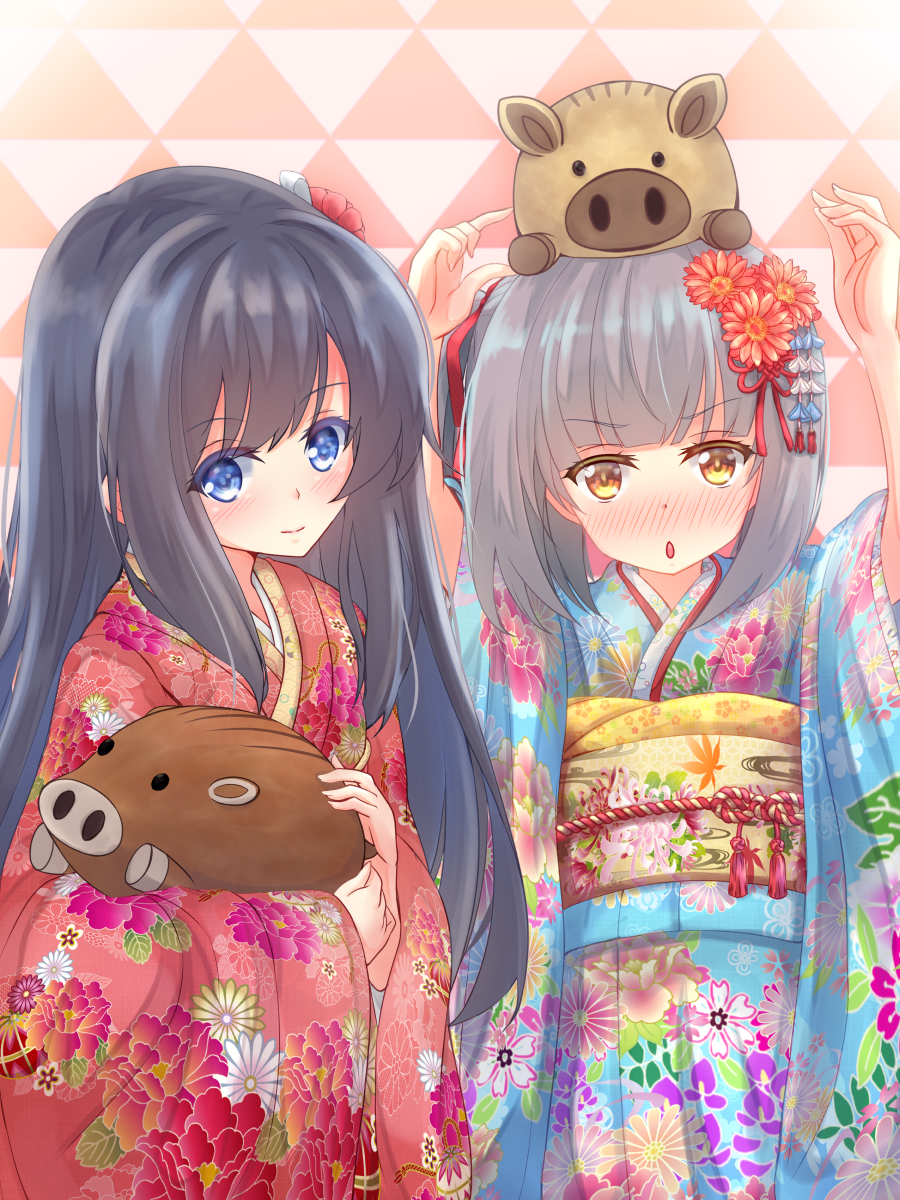 2019 2girls alternate_costume animal animal_on_head asashio_(kantai_collection) ayamiyuki black_hair blue_eyes blue_kimono blush carrying chinese_zodiac eyebrows_visible_through_hair floral_print grey_hair hair_ornament highres japanese_clothes kantai_collection kanzashi kasumi_(kantai_collection) kimono long_hair long_sleeves multiple_girls new_year obi on_head patterned_background pig print_kimono red_kimono red_ribbon ribbon sash side_ponytail upper_body wide_sleeves year_of_the_pig yellow_eyes