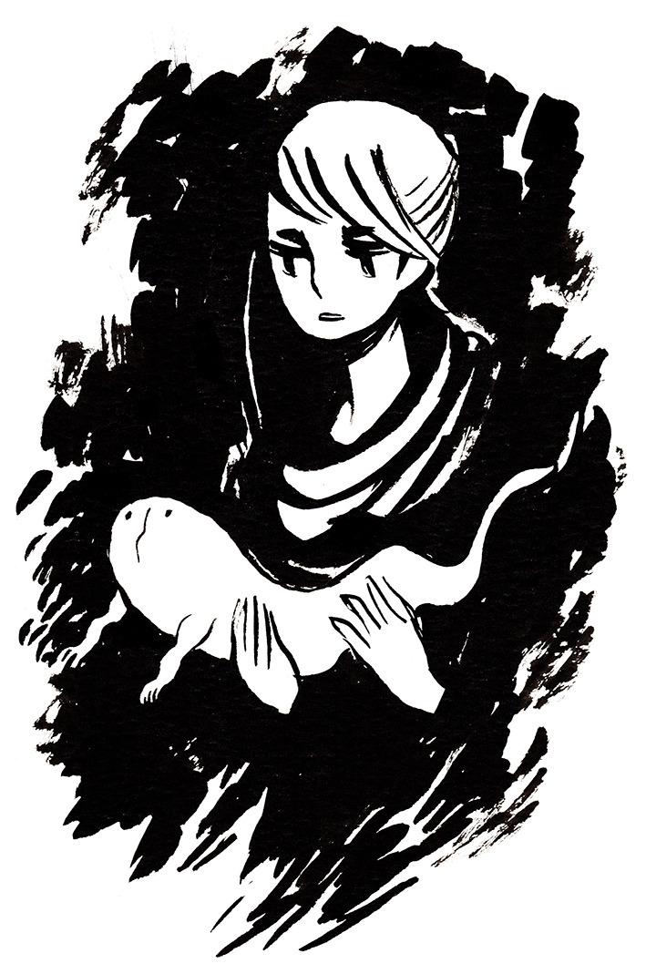1girl commentary english_commentary ghost greyscale hands heikala holding inktober monochrome original short_hair solo