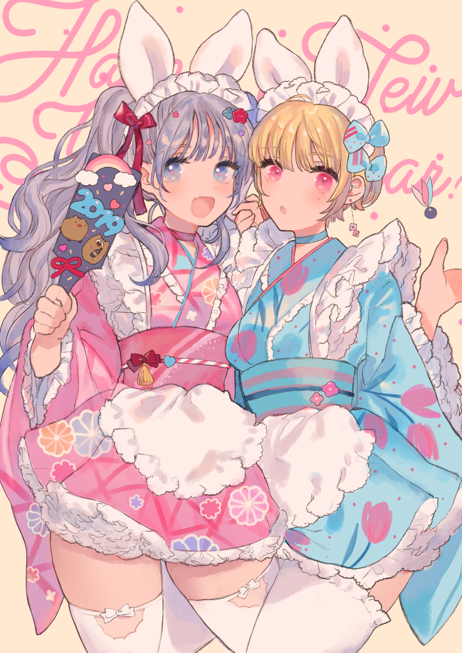 2girls :d apron bangs blonde_hair blue_eyes blue_kimono blue_skirt commentary_request earrings eyebrows_visible_through_hair fang floral_print grey_hair hagoita hand_holding hands_up highres holding interlocked_fingers japanese_clothes jewelry kimono long_hair long_sleeves looking_at_viewer maid_headdress miyako_(xxxbibit) multiple_girls obi open_mouth original paddle parted_lips pink_kimono pink_skirt print_kimono red_eyes sash short_kimono skirt smile thigh-highs twintails very_long_hair waist_apron white_apron white_legwear wide_sleeves