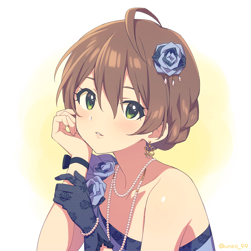 1girl agata_(agatha) ahoge bare_shoulders blue_dress blue_flower blush braid brown_hair chin_rest collarbone dress earrings floral_print flower gloves green_eyes hair_between_eyes hair_flower hair_ornament idolmaster idolmaster_million_live! idolmaster_million_live!_theater_days jewelry looking_at_viewer necklace parted_lips pearl_necklace sakuramori_kaori short_hair single_glove single_strap solo tied_hair upper_body