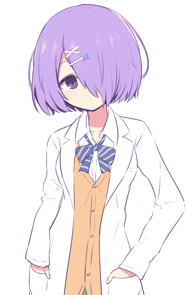 .live 1girl bow collared_shirt dress_shirt hair_ornament hair_over_one_eye hairclip hands_in_pockets kiso_azuki labcoat long_sleeves looking_at_viewer purple_hair school_uniform shirt short_hair simple_background solo striped striped_bow sweater_vest violet_eyes virtual_youtuber white_background white_shirt x_hair_ornament yuukagen_(poipoipopoino)