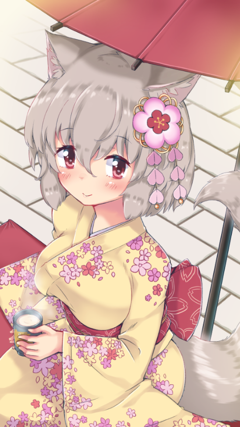1girl alternate_costume animal_ear_fluff animal_ears blanket blush breasts commentary_request cup eyebrows_visible_through_hair floral_print flower from_above grey_hair hair_between_eyes hair_flower hair_ornament holding holding_cup inubashiri_momiji japanese_clothes kimono large_breasts long_sleeves looking_at_viewer looking_up obi onomiya oriental_umbrella planted_umbrella print_kimono red_eyes sash seiza sett short_hair sitting smile solo stone_floor tail touhou umbrella wide_sleeves wolf_ears wolf_tail yellow_kimono