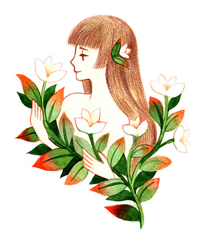 1girl bare_shoulders brown_hair closed_mouth flower hair_flower hair_ornament heikala leaf long_hair looking_to_the_side lowres original plant portrait profile simple_background solo traditional_media watercolor_(medium) white_background white_flower