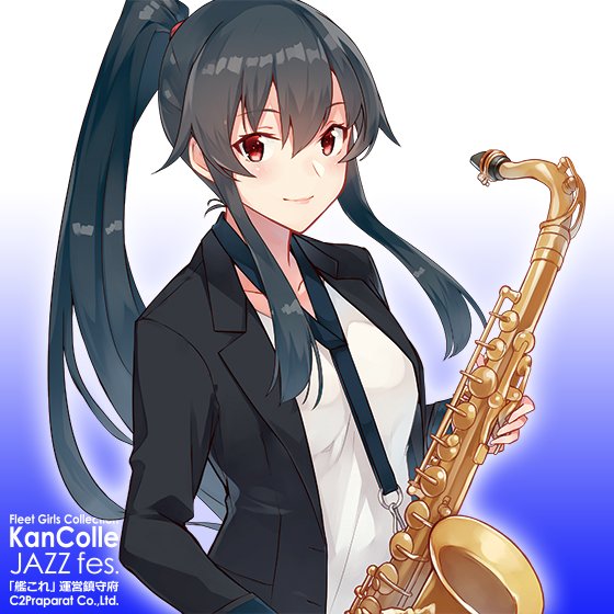 1girl album_cover black_hair black_jacket breasts closed_mouth collarbone cover hair_between_eyes holding holding_instrument instrument jacket kantai_collection konishi_(koconatu) long_hair long_sleeves looking_at_viewer medium_breasts official_art outline red_eyes red_scrunchie saxophone scrunchie shiny shiny_hair shirt sidelocks smile solo upper_body very_long_hair white_outline white_shirt yahagi_(kantai_collection)