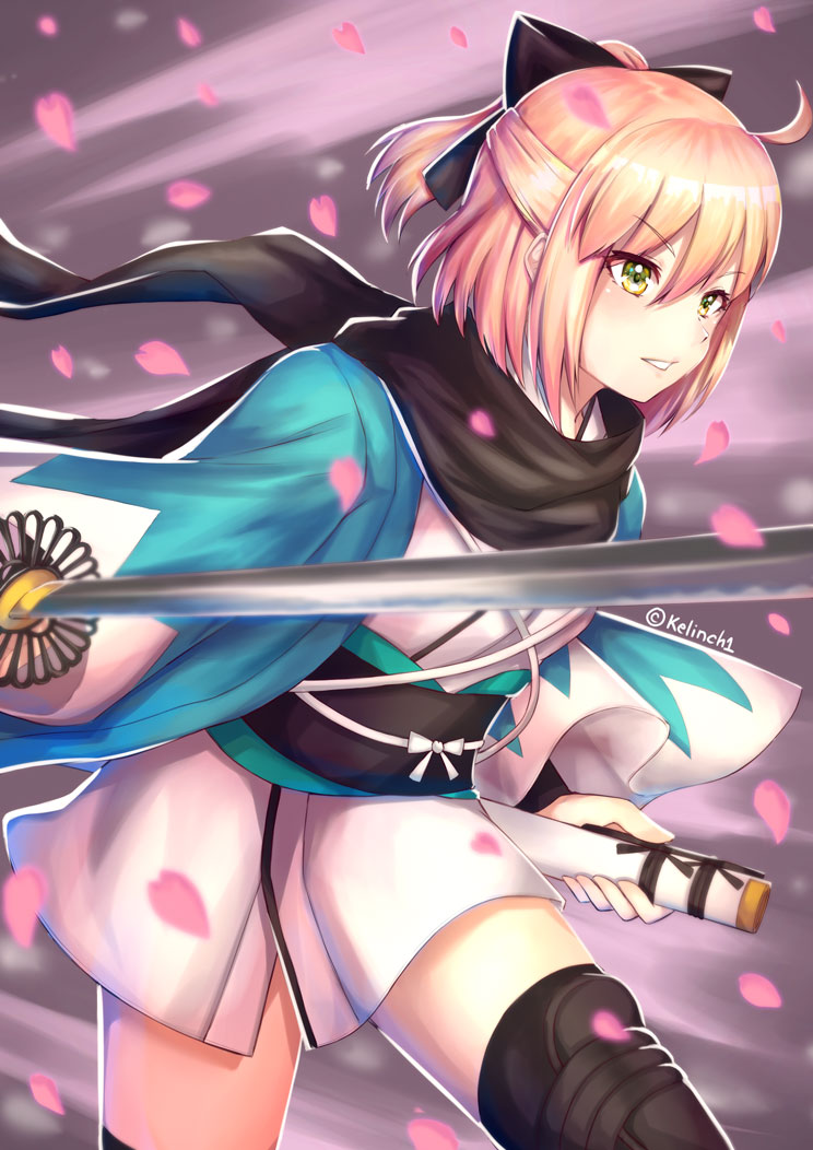 2girls black_bow black_legwear black_scarf blonde_hair bow eyebrows_visible_through_hair fate_(series) green_eyes hair_between_eyes hair_bow haori holding holding_sheath holding_sword holding_weapon japanese_clothes katana kelinch1 kimono koha-ace multiple_girls obi okita_souji_(fate) okita_souji_(fate)_(all) petals ponytail sash scarf sheath shiny shiny_hair short_hair short_kimono solo sword thigh-highs unsheathed weapon white_kimono zettai_ryouiki