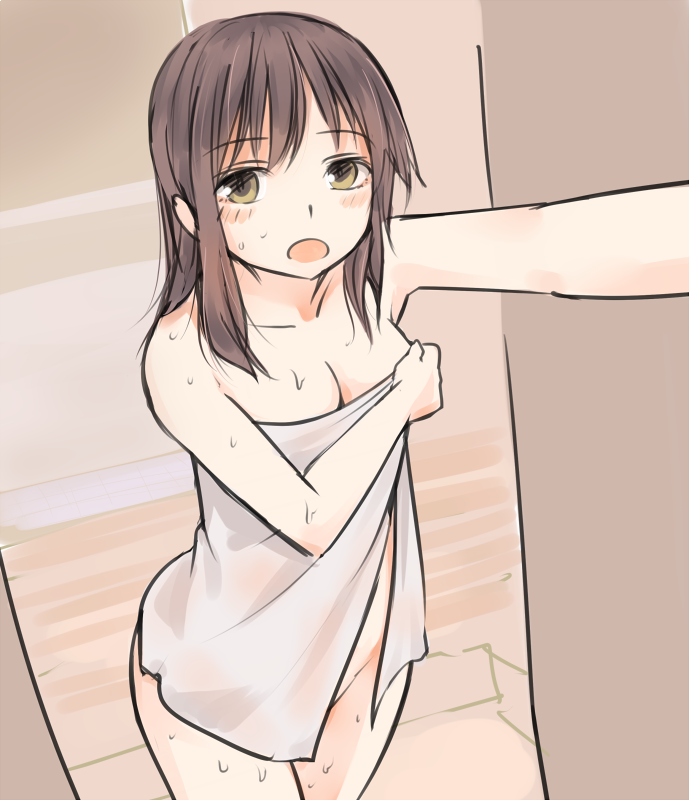 1girl bangs bare_arms bare_shoulders blush breasts brown_eyes brown_hair cleavage collarbone commentary_request cowboy_shot eyebrows_visible_through_hair groin hakurei_reimu indoors long_hair looking_at_viewer medium_breasts miyo_(ranthath) naked_towel open_mouth sidelocks solo standing thighs touhou towel wet