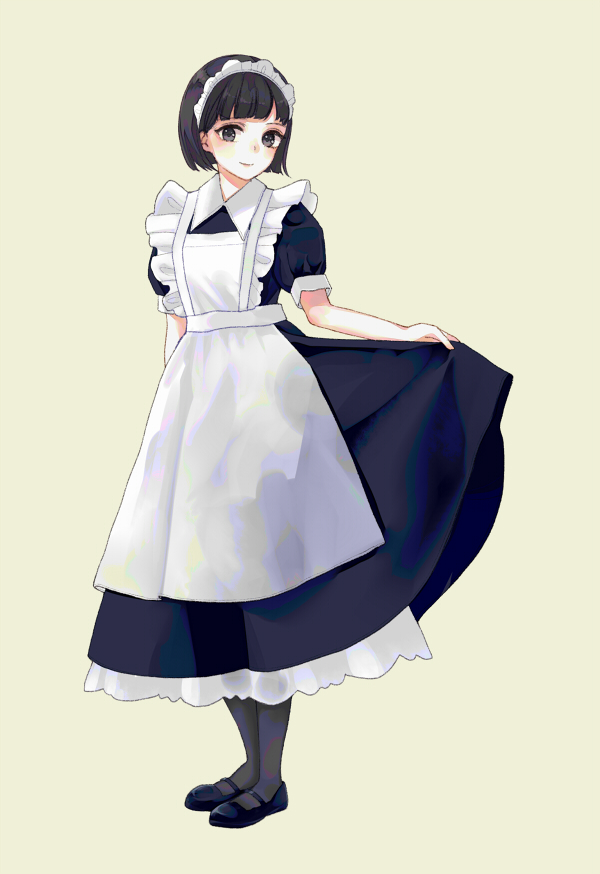 1girl apron black_hair bob_cut commentary_request kashiwagi_chisame maid maid_apron maid_headdress mary_janes original pantyhose partial_commentary shoes short_hair simple_background skirt_hold