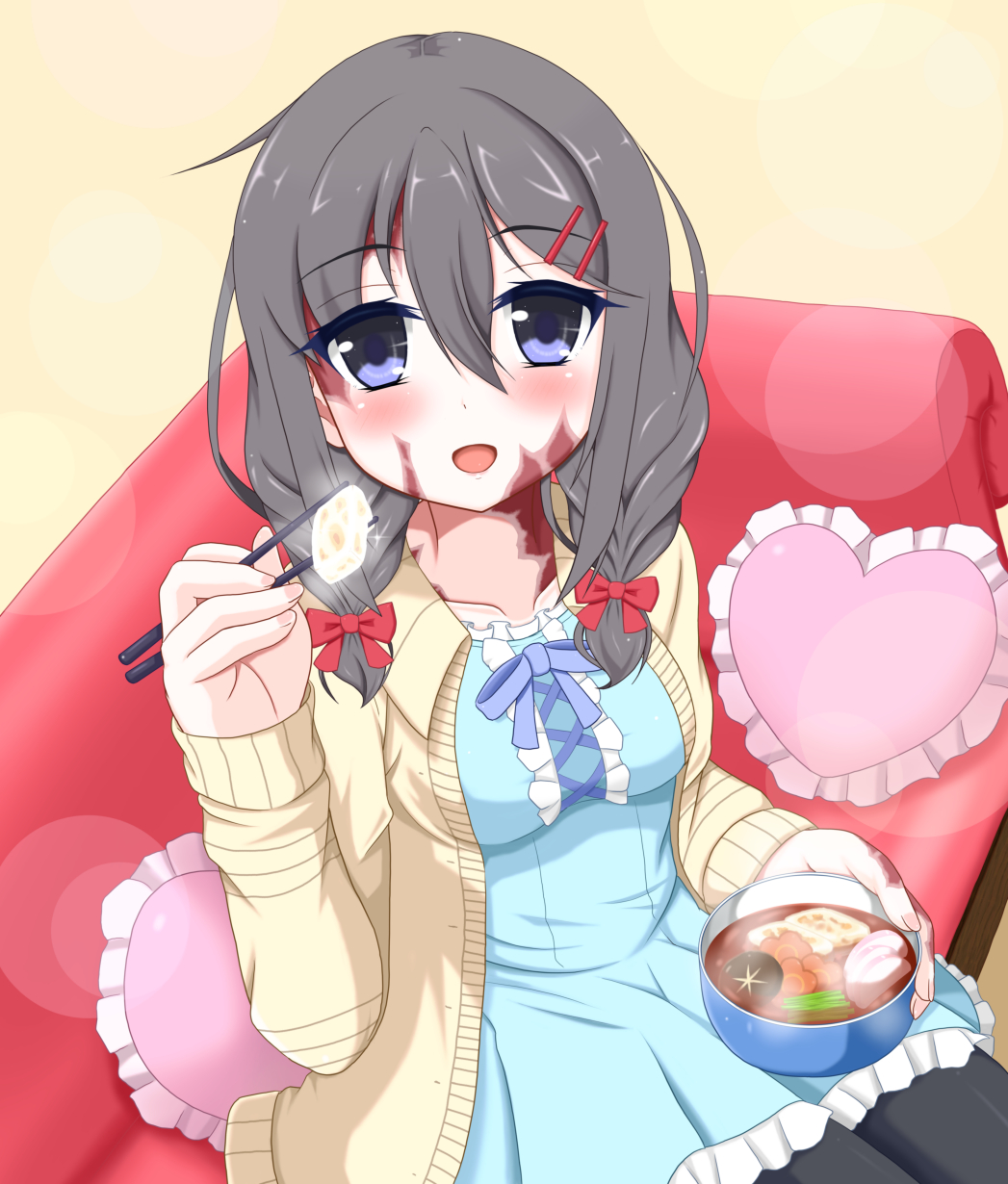 1girl :d black_hair blue_eyes blush bow bowl burn_scar center_frills chopsticks commentary_request couch dorei_to_no_seikatsu_~teaching_feeling~ eyebrows_visible_through_hair eyes_visible_through_hair feeding food frilled_pillow frills hair_between_eyes hair_bow hair_ornament hairclip heart heart_pillow highres long_hair open_mouth pillow pov pov_feeding red_bow scar simple_background sitting smile solo steam sylvie_(dorei_to_no_seikatsu) takahiko yellow_background