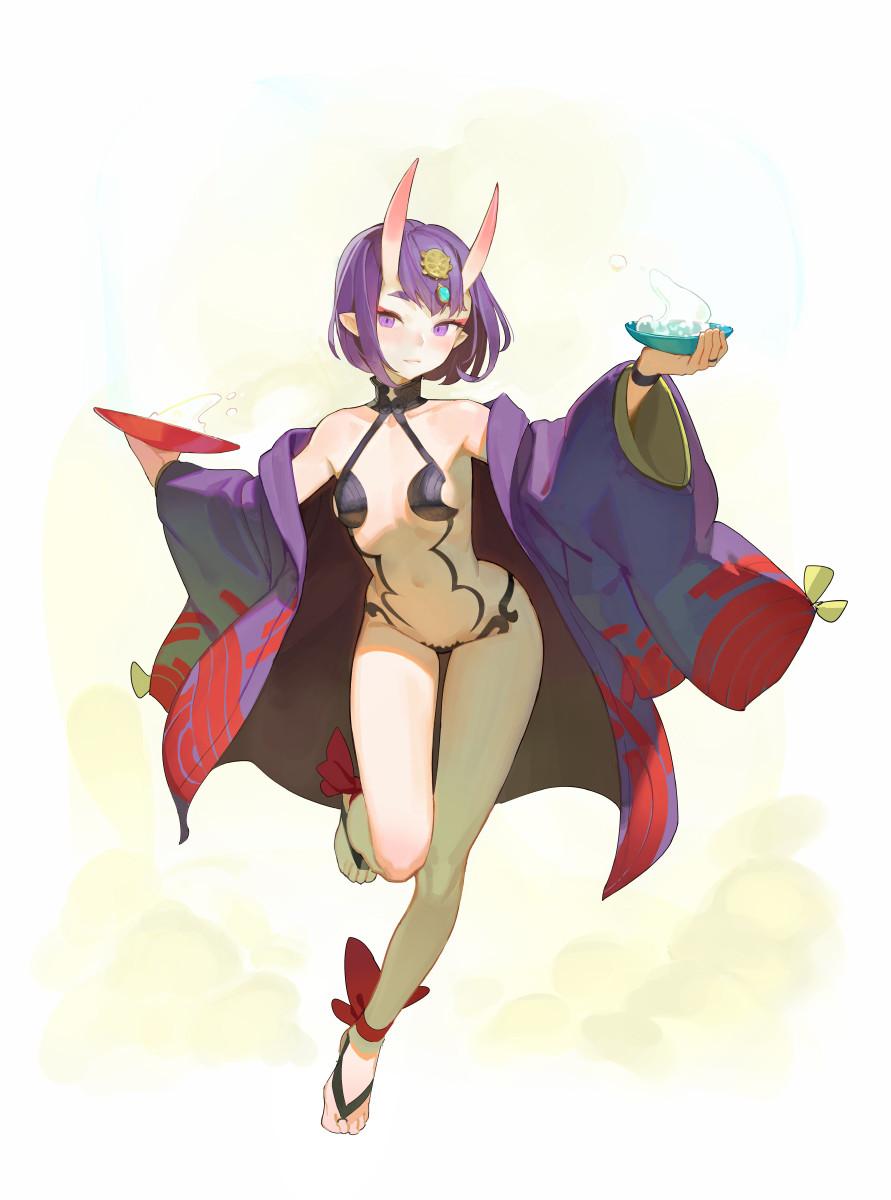 1girl alcohol ankle_ribbon bangs bare_shoulders barefoot barefoot_sandals blush bob_cut breasts collarbone cup eyeliner fate/grand_order fate_(series) feet forehead_jewel full_body headpiece highres hips horns japanese_clothes kimono legs looking_at_viewer makeup navel oni oni_horns open_clothes open_kimono pointy_ears purple_hair purple_kimono revealing_clothes ribbon sakazuki sake short_eyebrows short_hair shuten_douji_(fate/grand_order) simple_background small_breasts solo thighs tim_loechner violet_eyes white_background wide_sleeves