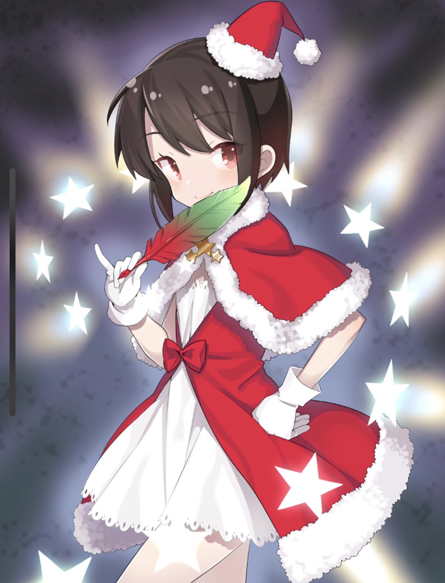 a_channel black_hair dress feathers gloves hat ichii_tooru kirara_fantasia kuroda_bb looking_at_viewer red_dress santa_costume santa_hat skirt smile star white