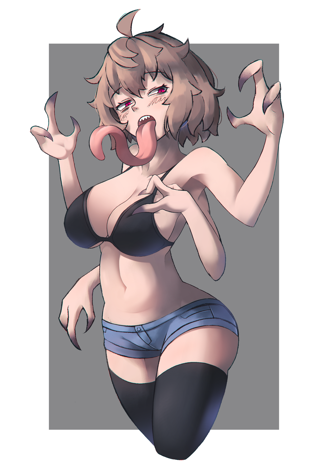 1girl 307_(aho307) ahoge bare_arms bare_shoulders black_bra black_legwear blue_shorts bra breasts brown_hair cleavage commentary_request cowboy_shot cropped_legs denim denim_shorts extra_arms fewer_digits grey_background hands_up highres large_breasts long_tongue monster_girl original red_eyes short_hair short_shorts shorts simple_background solo standing thigh-highs tongue tongue_out underwear very_long_tongue