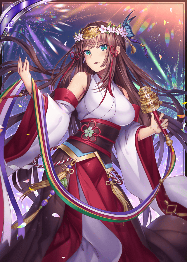 1girl akkijin armpits bare_shoulders blue_eyes breasts brown_hair card_(medium) dress flower hair_ornament head_wreath holding japanese_clothes large_breasts long_hair looking_at_viewer night night_sky official_art rattle red_dress shinkai_no_valkyrie sky