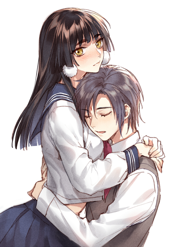 1boy 1girl arms_around_neck blue_sailor_collar blue_skirt blush closed_mouth facial_mark forehead_mark from_side grey_hair grey_vest hetero hug kangetsu_(fhalei) long_hair long_sleeves looking_at_viewer necktie original parted_lips pleated_skirt pom_pom_earrings red_neckwear sailor_collar school_uniform serafuku shirt simple_background skirt vest white_background white_shirt yellow_eyes